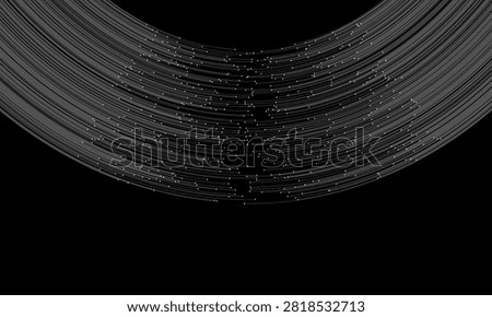 Thin white concentric arc lines curve into a large V-shaped network form against a black background, with scattered white dots positioned along the lines like data points or connection nodes in a network diagram. This visual metaphor represents big data, network connectivity, and information flow, evoking a fiber optic cable bundle or a data visualization chart. The illustration works well for technology, artificial intelligence, and cybersecurity branding, as well as any project that needs to convey connection or analytics through a clean, futuristic visual. Its dark background and precise line-based structure make it a versatile design element for corporate presentations and digital media focused on data science.