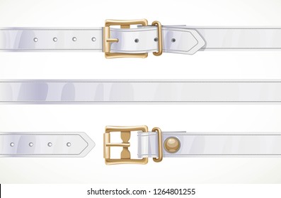 Thin white leather belt buttoned, unbuttoned and seamless middle part isolated on white background