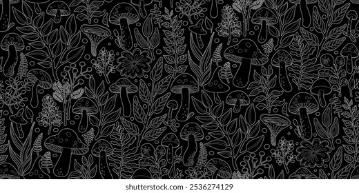 Thin White Line Art Illustration featuring Seamless Pattern of Various Mushrooms and Plants, Herbs and Leaves on Black Background. Design for Textiles, Fabrics, Wallpapers, Wrappings.