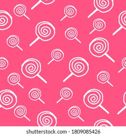 thin white outline lollipops isolated on pink background seamless pattern. hand drawn vector. doodle dessert for kids, cover, wallpaper, fabric, greeting, backdrop, wrapping paper and gift.