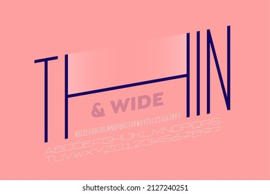 Thin and wide fonts style combined together, alphabet letters and numbers vector illustration