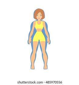 Thin woman inside fat women silhouette, vector flat illustration. Weight loss concept. Diet. Choice of girls: being fat or slim.  