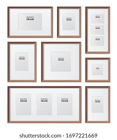 Thin wooden rectangular and square picture frames different sizes dimensions realistic mockup set isolated vector illustration  