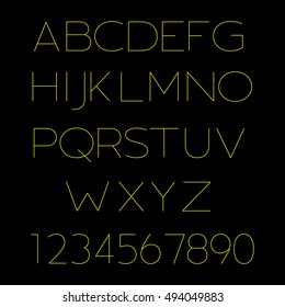 Thin yellow english alphabet isolated on black background