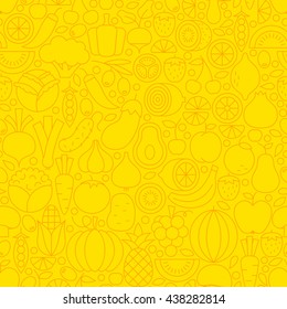 Thin Yellow Fruits Vegetables Line Seamless Pattern. Vector Website Design and Tile Background in Trendy Modern Outline Style. Fresh Healthy Vegan Food.