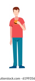 Thin young man with burger vector illustration isolated on white background. Male character eating in flat design.
