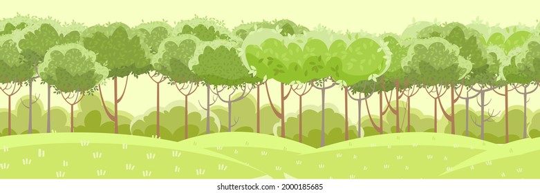 Thin young trees and bushes. Forest or garden. Grassy green rural hills. A beautiful and graceful summer landscape. Flat style. Cartoon design. Seamless, Vector