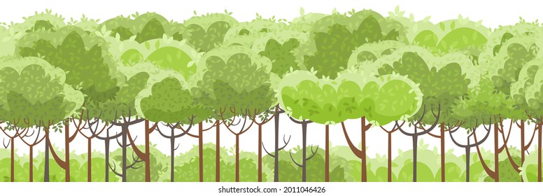 Arboles y arbustos delgados. Bosque. colinas rurales de nivel verde. Un paisaje hermoso y elegante. Sin mar, aislado sobre fondo blanco. Estilo plano. Diseño de caricaturas. Vector