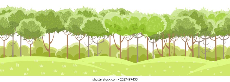 Dünne, junge Bäume und Sträucher. Grüne, grüne Landhügel. Schöne und anmutige Landschaft. Einzeln auf weißem Hintergrund. Flacher Stil. Cartoon-Design. Nahtlos, Vektorgrafik