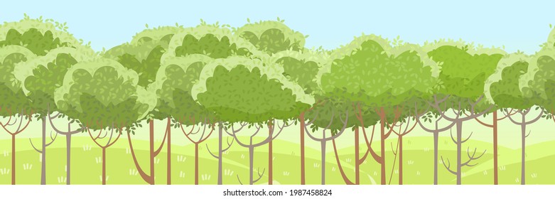 Thin young trees. Forest or garden. Against the backdrop of grassy green rural hills. A beautiful and graceful summer landscape. Flat style. Cartoon design. Seamless, Vector