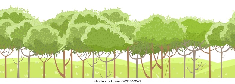 Thin young trees. Grassy green hills. Beautiful and graceful landscape. Isolated on white background. Flat style. Cartoon design. Seamless, Vector.