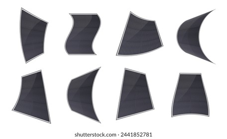 Thin-film solar panel of various shapes. Set of solar panels is a design element for the concept of alternative green energy. Vector illustration