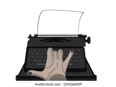 Thing The character of Wednesday Addams with Typewriter and Empty Paper, Empty Sign on white background.