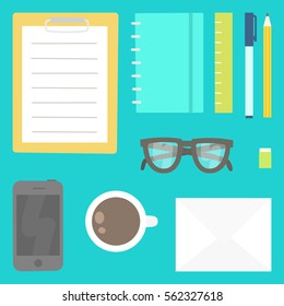 Thing on the table. From the top. Planning education working, Vector illustration