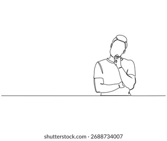 Thingking man gesture continuous line art. Man thingking idea one line drawing. Idea, solution and decision concept vector illustration