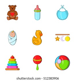 Things for baby icons set. Cartoon illustration of 9 things for baby vector icons for web