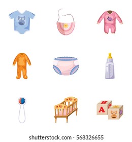 Things for baby icons set. Cartoon illustration of 9 things for baby vector icons for web