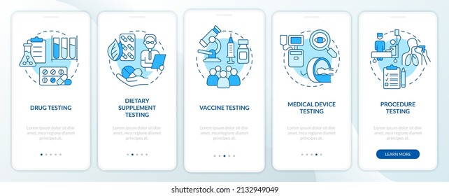Things to be tested blue onboarding mobile app screen. Investigating walkthrough 5 steps graphic instructions pages with linear concepts. UI, UX, GUI template. Myriad Pro-Bold, Regular fonts used
