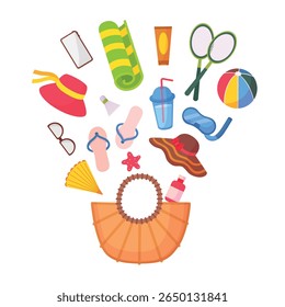 Things for beach bag. Summer rest accessories, different items for sunbathing and coast leisure. Sunscreen, mat, slippers, sunglasses, neoteric vector concept