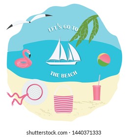 Things for the beach - hat, bag, takeaway glass, inflatable swimming circle Flamingo, ball, - water, shore, gull - vector. Summer time. Travel Poster. Banner.