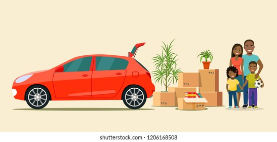 Things in the box next to the trunk of the car. Moving with boxes. Happy afro american family.  Vector flat style illustration