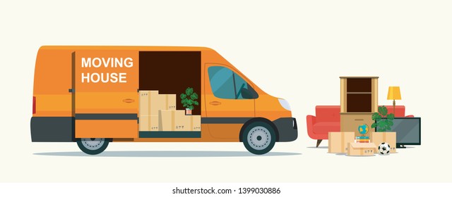 Things in box in the trunk of the cargo van. Moving House. Vector flat style illustration