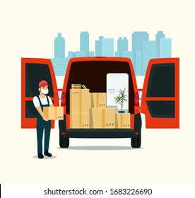 Things in box in the trunk of the cargo van. Man in a medical mask with cardboard boxes. Moving House. Vector flat style illustration.