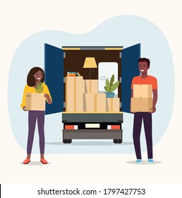 Things in box in the trunk of the truck. Afro American man and woman hold boxes. Moving House. Vector flat style illustration