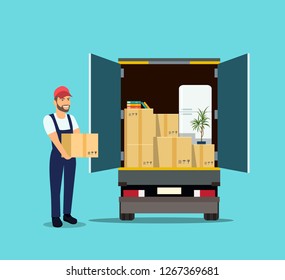 Things in box in the trunk of the truck. Man with cardboard boxes. Moving House. Vector flat style illustration