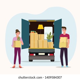 Things in box in the trunk of the truck. Man and woman hold boxes. Moving House. Vector flat style illustration