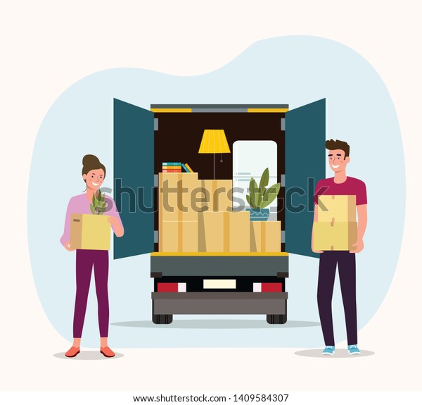 Things in box in\
the trunk of the truck. Man and woman hold boxes. Moving House.\
Vector flat style\
illustration
