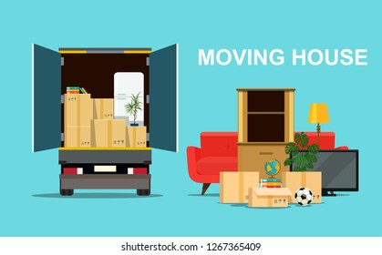 Things In Box In The Trunk Of The Truck. Moving House. Vector Flat Style Illustration