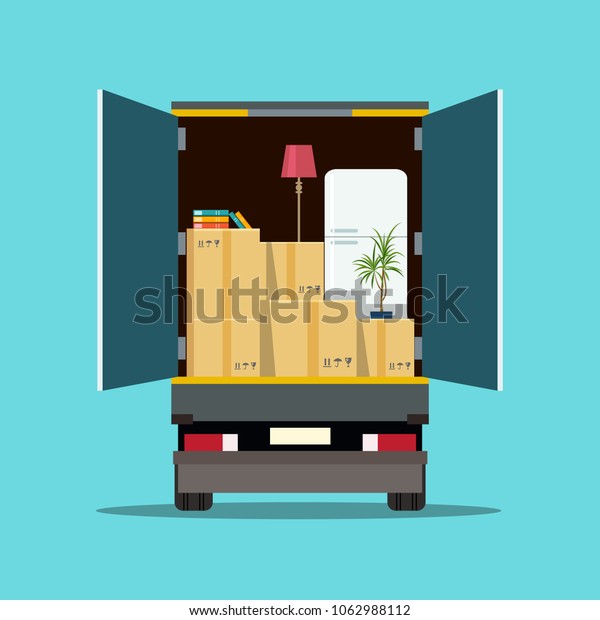 荷車のトランクの中の箱の中のもの 引っ越しの家 ベクターフラットスタイルのイラスト のベクター画像素材 ロイヤリティフリー