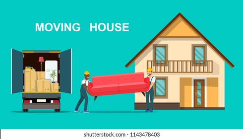 Things in box in the trunk of the truck. Two workers are carrying a sofa. Moving House. Vector flat style illustration