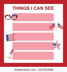 Things I can see worksheet. Cute printable template with America Independence Day theme. Vector illustration.