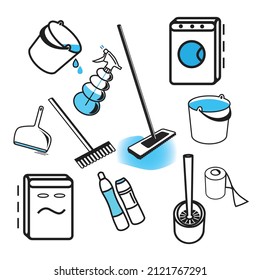 Dinge, um das Zimmer zu putzen. Sprühgerät, Fußbodenpflaster, Waschmaschine, Waschmaschine, Brustkorb, Flüssigflaschen, Eimer, Toilettenbürste, Papier