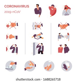 Things to do and avoid when dealing with coronavirus. Recommendations for people to wear masks, cough in elbow, use tissues, gloves and hand sanitizers. No contacts or touching, vector in flat