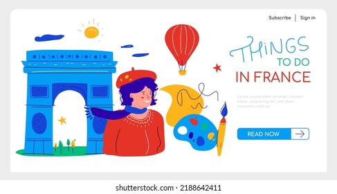 Things to do in France - flat design style banner with text. High quality colorful picture of beautiful girl in beret, paints and brush, Triumphal Arch. Sights of European capital, vacation and travel