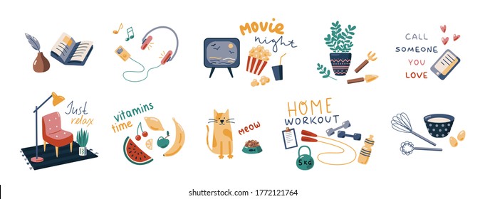 Things to do at home vector collection. Set of flat cartoon illustrations with slogans. Home activity. Flat vector cartoon illustration isolated on white background