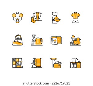Things to donate - modern colorful line design style icons with editable stroke. Yellow pictures with clothes, shoes and accessories, kettle and kitchen utensils, toys, books and workplace