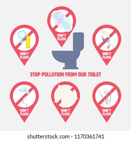 Things Don’t Flush Down The Toilet Object Set. Elements For Creating Your Own Artwork. Stop Pollution From Our Toilet Concept. Vector Illustration.