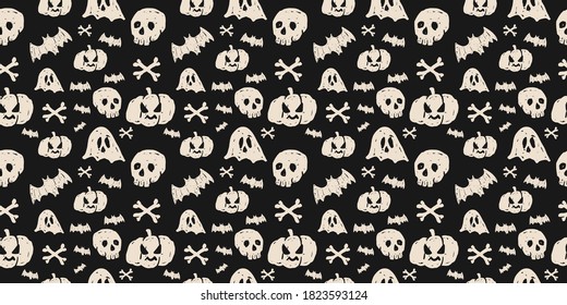 Things found in halloween illustration pattern. Handrwaned halloween things seamless pattern.