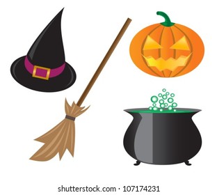 Things for Halloween, pumpkins, witches hat, pot and a broom.
