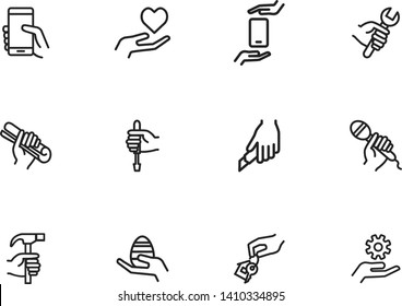 Things in hand line icon set. Holding smartphone, heart, gear, key. Holding hand concept. Can be used for topics like repair, housekeeping, communication