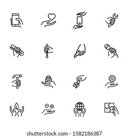 Things In Hand Line Icon Set. Holding Smartphone, Heart, Gear, Key. Holding Hand Concept. Can Be Used For Topics Like Repair, Housekeeping, Communication