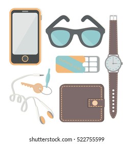 Cosas que un hombre lleva con él: un reloj, teléfono, auriculares, llaves, billetera, chicle, gafas de sol, auriculares. Ilustración vectorial.