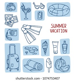 Things necessary for summer vacation, linear vector drawings.