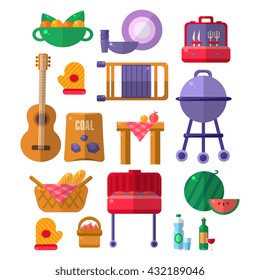 Things Needed For Barbequed Party. Picnic Outdoors Flat Vector Set Of Icons. Weekend Picnic In Nature Bright Color Set Isolated Objects.