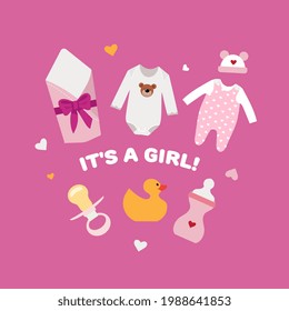 Things for a newborn baby girl. Illustration in flat style.