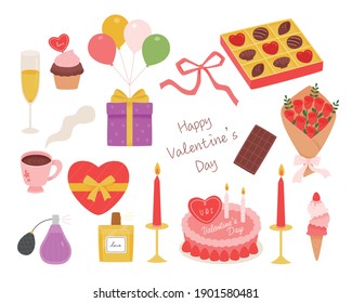 Things prepared for Valentine's Day. Romantic food and gifts. flat design style minimal vector illustration.